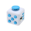 A white fidget cube with blue buttons, a silver ball, and a blue push button on top, featuring a logo.
