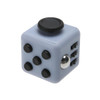 A fidget cube in light blue and black, featuring various tactile buttons and a shiny metal ball.