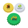 Three bottle caps in yellow, white, and green with various logos and branding.