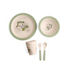 Bamboo fibre tableware set in cream with green trim, featuring a tractor design. Includes a bowl, plate, cup, and utensils.