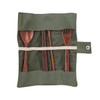A set of four wooden utensils including a spoon, fork, and chopsticks, displayed in an olive green pouch.