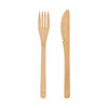 A bamboo cutlery set featuring a fork and knife, both in natural bamboo colour. Includes a branding logo.