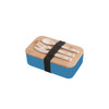 A blue lunch box with a bamboo cover, secured with a black strap, containing wooden cutlery.