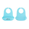 A light blue silicone bib with a snap closure and a pocket for catching food. It features a logo.