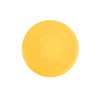 A yellow silicone frisbee with a smooth surface and circular shape. It features a logo at the centre.