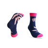 Custom pattern woven socks in navy blue with pink accents and floral designs. Includes a logo.