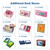 A collection of various decorative sock boxes in different colours and designs, each showcasing unique patterns and styles.