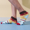 Ankle socks featuring a custom pattern in blue, yellow, red, and brown, with branding visible on the design.