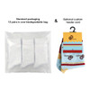 A pack of 12 pairs of ankle socks in a biodegradable bag, featuring a colourful custom pattern and a header card.