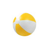 A yellow and white inflatable beach ball featuring a smooth, glossy surface and a logo.