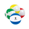 An assortment of inflatable beach balls in green, yellow, red, white, and blue, featuring a logo on one.