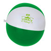 An inflatable beach ball featuring green and white panels, with a logo on the white section.