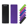 A purple yoga mat alongside black, pink, green, and other coloured mats, featuring a logo.
