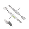 A multi-functional camping cutlery tool in stainless steel, featuring a spoon, fork, knife, and bottle opener.