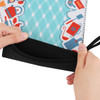 A neoprene oven mitt featuring a colourful, patterned design with a black insulated interior and a hanging loop.