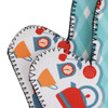 A pair of neoprene oven mitts featuring colourful patterns of kitchen items, with a turquoise background.