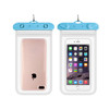 A clear waterproof mobile pouch in blue, showcasing a phone inside from both front and back views.