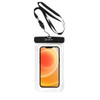 A waterproof phone bag with a clear front and black top, featuring a lanyard for easy carrying.