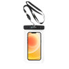 A waterproof phone bag in clear with a black seal and strap, designed for secure phone storage.