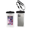 A waterproof case for mobile phones with a black top and a clear body, featuring a detachable strap.