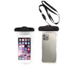A waterproof case for a smartphone, featuring a clear plastic design with a black top and a neck strap.