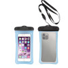 A transparent blue waterproof case for smartphones, featuring a black top and a strap. It has a logo on it.