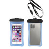 A waterproof blue cellphone dry bag with a black strap, designed to fit various mobile phones.
