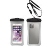 A waterproof case for smartphones, featuring a clear design with black accents and a lanyard.