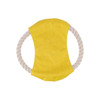 A yellow rope frisbee dog toy featuring a soft fabric centre and sturdy rope edges.
