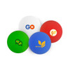 Four bouncy balls in green, white, red, and blue, each featuring different logos on their surfaces.
