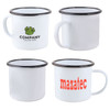 A 350ml enamel camping mug in white with a black rim and handle, featuring a logo and text on two sides.