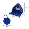 A blue pop-up beach tent with dimensions displayed, accompanied by a circular carrying bag.