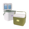 A 22L cooler box in olive green and white, featuring a handle and two blue ice packs inside. It has a logo on the front.