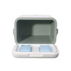 A 22L cooler box in white and green, featuring two ice packs inside. The lid is open, showcasing the spacious interior.