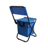 A blue foldable camping chair with a cooler bag attached, featuring a black frame and carrying handles.