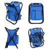 A blue foldable insulated bag and chair with pockets, featuring a drink bottle in one pocket and three water bottles inside.