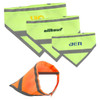 A set of reflective dog bandanas in bright yellow and orange with grey accents, featuring various logos.