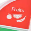 A melamine portion plate with sections in red, green, and white, featuring fruit illustrations. It includes a logo.
