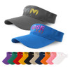 A collection of sport visors in various colours, featuring a logo on the grey and a design on the blue visor.