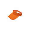 An orange sport visor with a wide brim and adjustable strap, featuring a logo on the side.