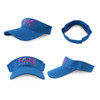 A blue sport visor featuring a logo. The visor has a wide brim and an adjustable strap at the back.