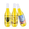 A drink bottle trio, featuring three inflatable beer bottles in yellow with various labels and logos.