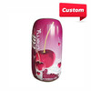 An inflatable bottle in pink featuring cherry graphics, with a logo displayed prominently.