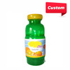 A green inflatable drink bottle with a yellow lid, featuring a label depicting mandarin fruit. It has a logo.
