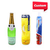A drink bottle trio featuring a green champagne bottle, a yellow tea can, and a white inflatable bottle, each with branding.