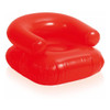A red inflatable chair with rounded arms and a cushioned seat, designed for leisure use. It features a smooth surface and a logo.