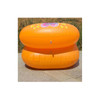 Two orange custom inflatable chairs stacked on a paved surface, featuring a logo on the front.