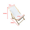 A wooden beach chair with a white canvas seat, adjustable height and sleek design. Features dimensions displayed.