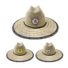 Three straw hats with different logos, featuring a wide brim and a natural tan colour, adorned with black bands.
