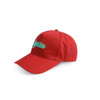 A red cap with a curved brim and an embroidered logo on the front.